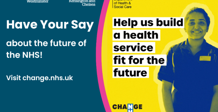 A banner saying "Have your say about the future of NHS!" and a poster from the NHS