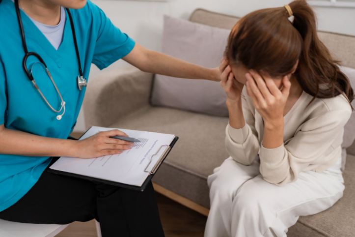 A medical professional put her hand on a young patient in distress