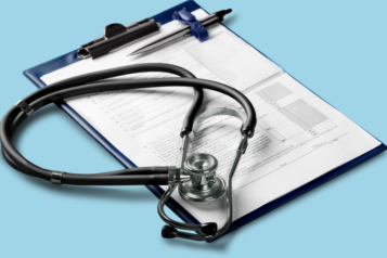 Picture of a clipboard and stethoscope placed on it. 