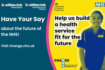 A banner saying "Have your say about the future of NHS!" and a poster from the NHS