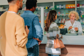 Customers waiting in line at a pharmacy