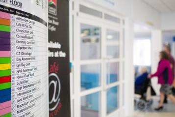 An image of a hospital main entrance and the map of different departments